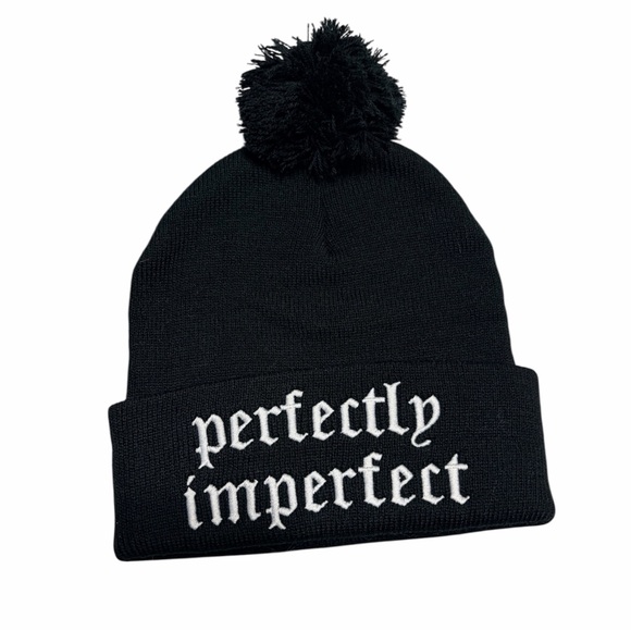 NEW Beautiful Disaster “Perfectly Imperfect” Black Pom Pom Beanie-One Size - Picture 2 of 4